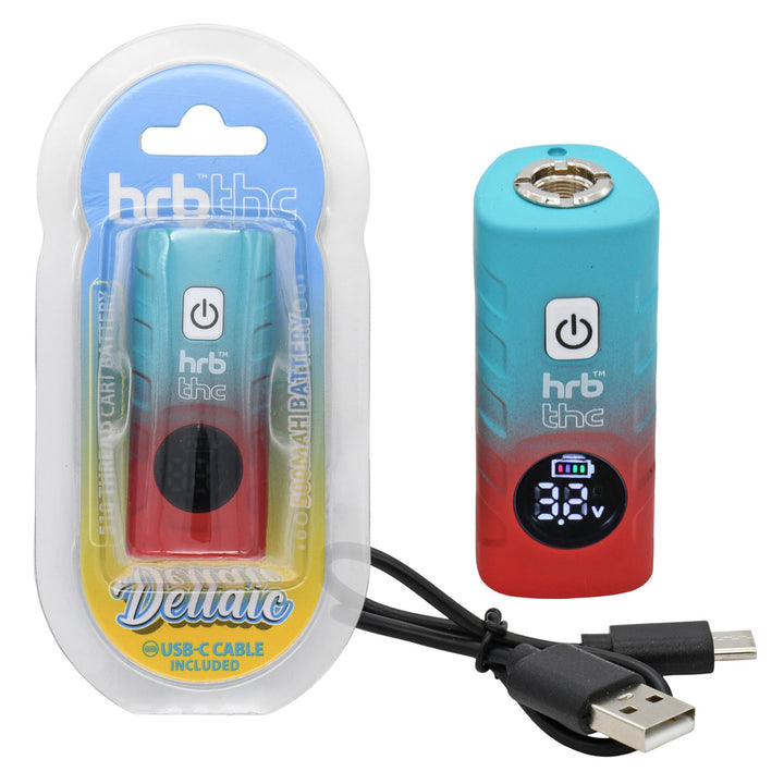 Blue and red Thc Deltaic 510 Thread Cartridge Battery with digital display and USB cable, next to its packaging.