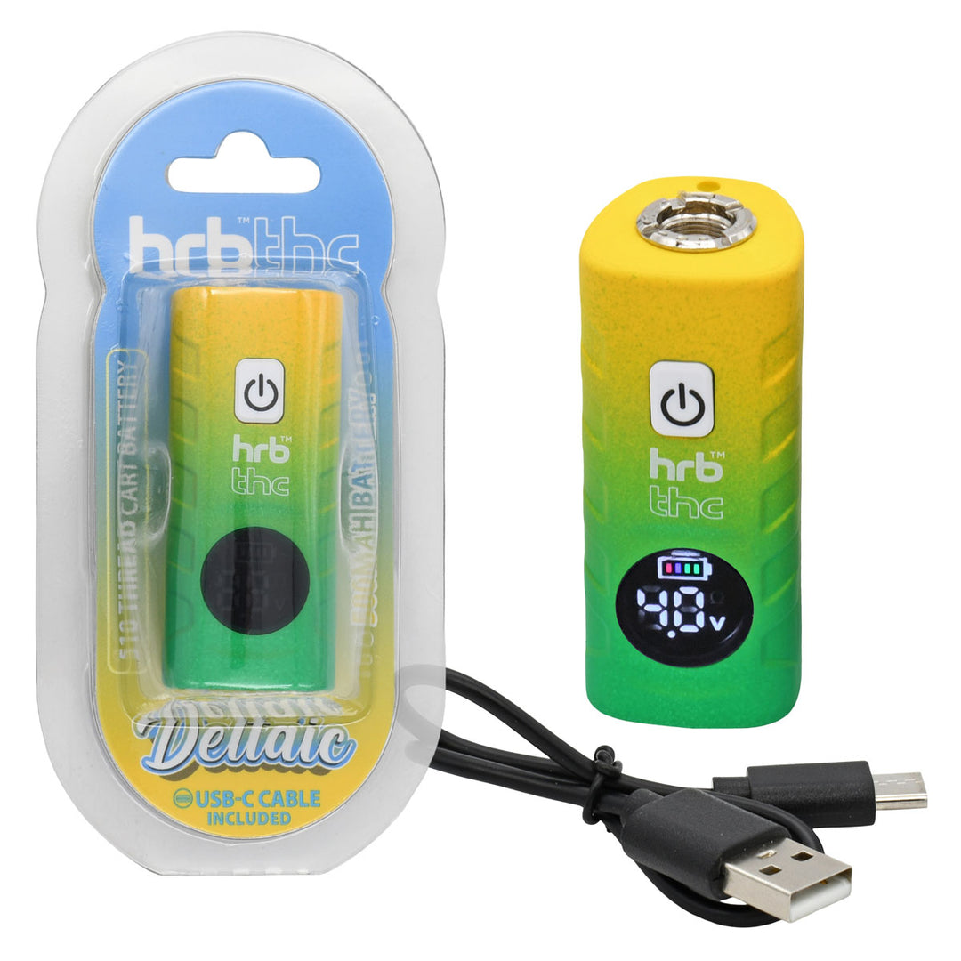 Green and yellow Deltaic 510 battery with digital display and USB cable on a white background