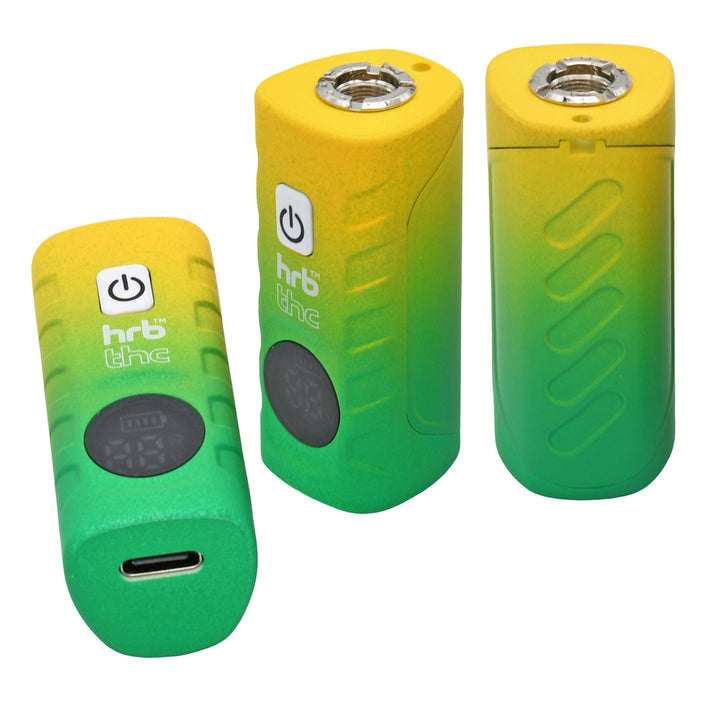 Three views of Thc Deltaic 510 Thread Cartridge Battery with gradient yellow to green and with 'hrb' branding on a white background.