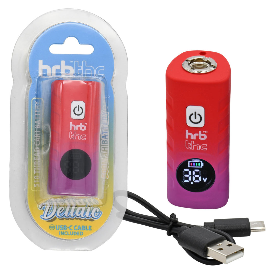Red and purple Deltaic 510 Battery with digital display and USB cable, next to its packaging.