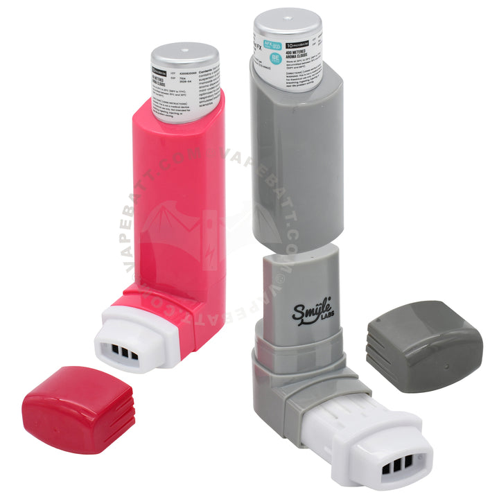 Two smyle labs Inhalers shown on a white background, one in bright pink and one in gray, with their caps removed and placed beside them. The brand name 'Smile Labs' is visible on the gray device.