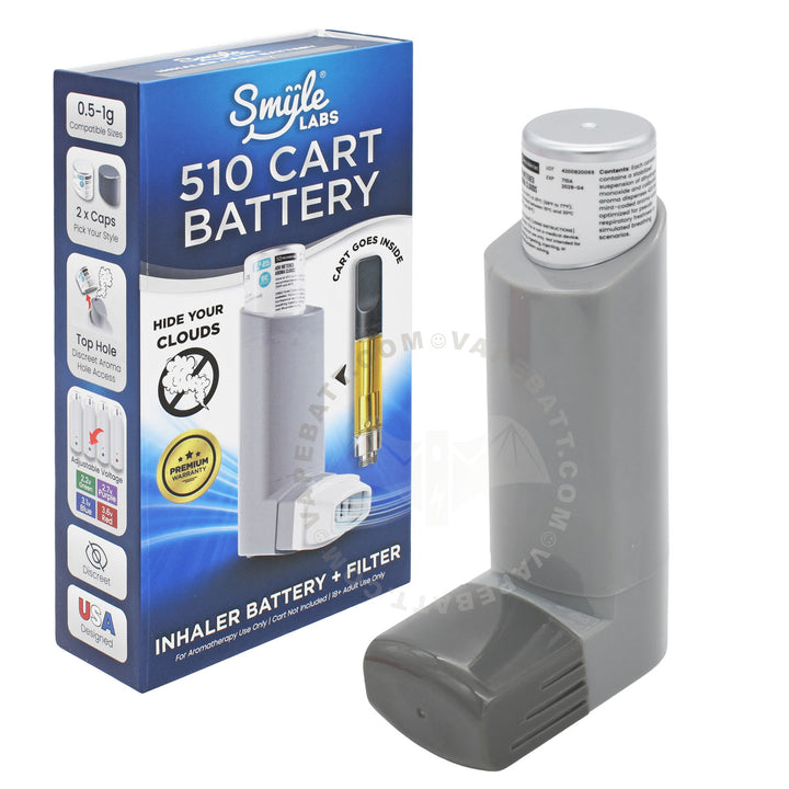 A Smile Labs inhaler 510 battery next to its blue retail packaging box on a white background.
