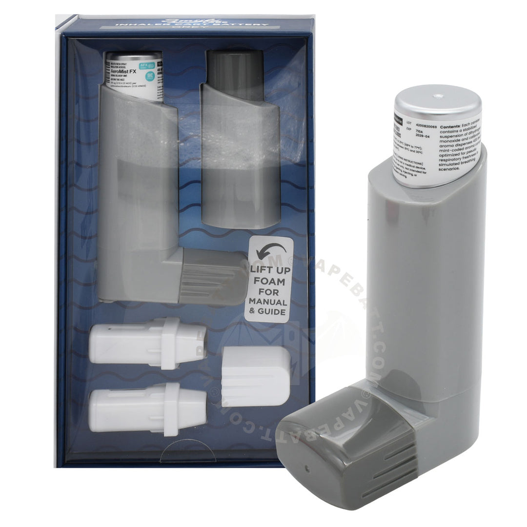 A gray and white inhaler 510 battery shown next to its blue retail packaging box