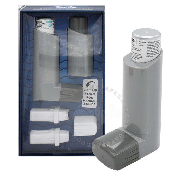 A gray and white inhaler 510 battery shown next to its blue retail packaging box