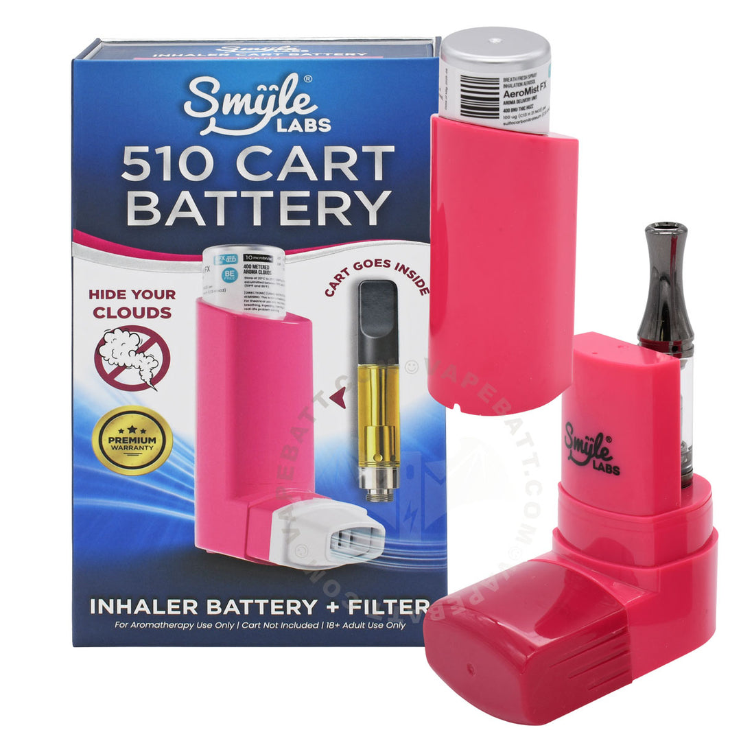Smile Labs 510 Cart Battery inhaler and retail box, shown on a white background. The kit includes a bright pink battery, a mouthpiece filter, and the product packaging.