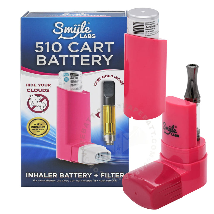 Smile Labs 510 Cart Battery inhaler and retail box, shown on a white background. The kit includes a bright pink battery, a mouthpiece filter, and the product packaging.