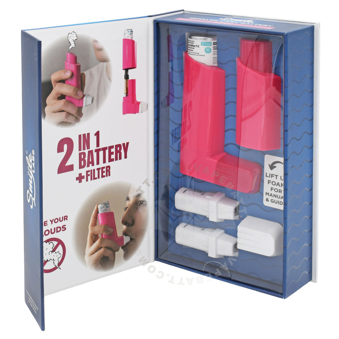 A 2-in-1 pink Smyle Labs inhaler kit shown in its retail box, with the front panel displaying product features and the open back showing the pink penjamin Inhaler, cartridge cover canister, and 2 white mouthpieces inside a blue tray.