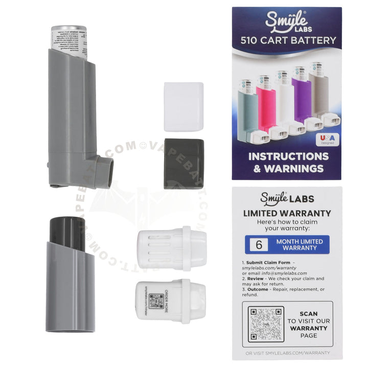 A Smile Labs 510 Cart Battery kit showing the gray Penjamin Inhaler device, its packaging box, an instruction manual, a warranty card