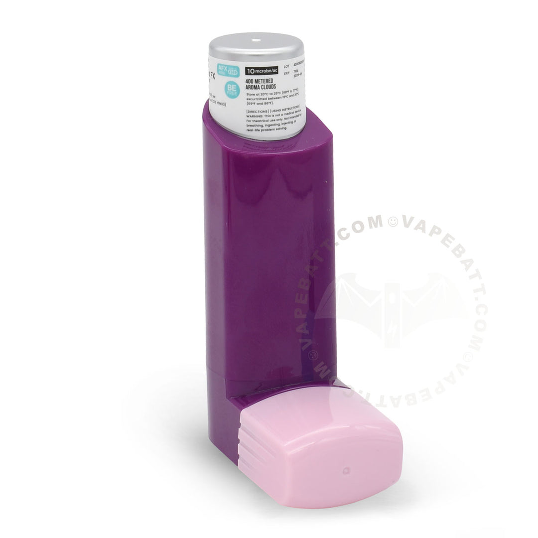 A purple inhaler cart battery with a light pink mouthpiece and a white top cap, shown on a white background
