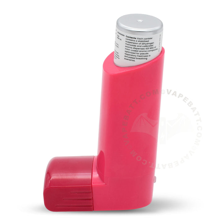 A bright pink inhaler 510 battery device with a silver metal canister attached at the top