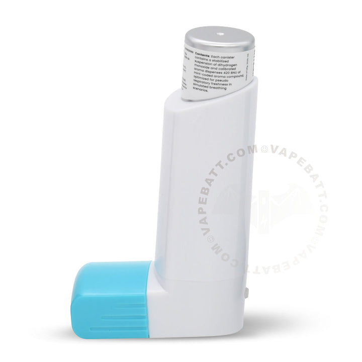 A white and light blue inhaler 510 battery device with a silver metal cap, shown on a plain white background