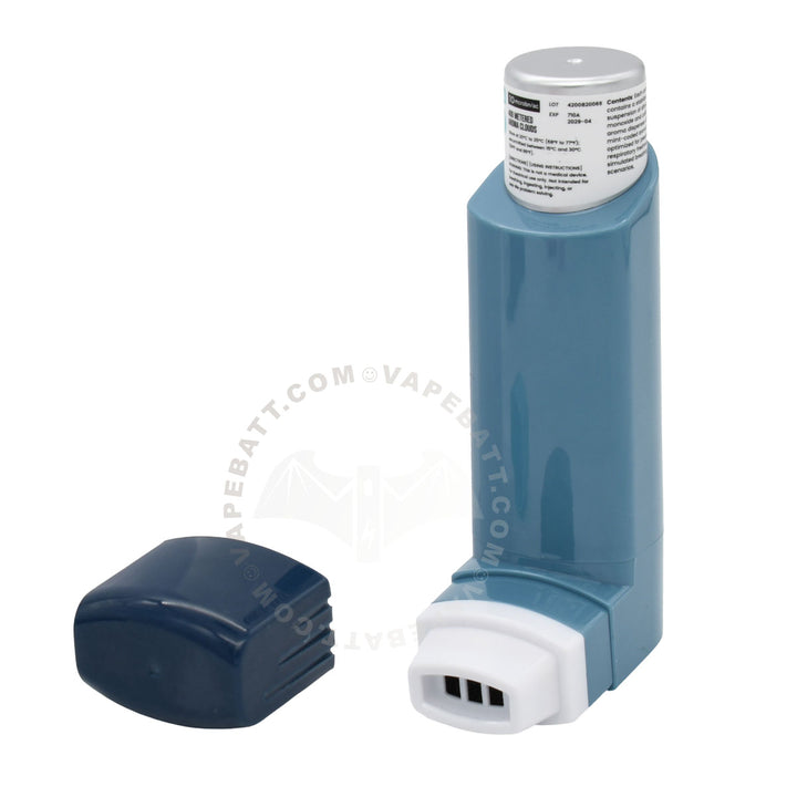 A blue and white inhaler cart battery vape device shown next to its dark blue cap on a white background