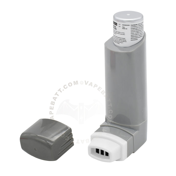A gray and white medical-style inhaler 510 battery device with a detached dark gray cap placed beside it on a white background.