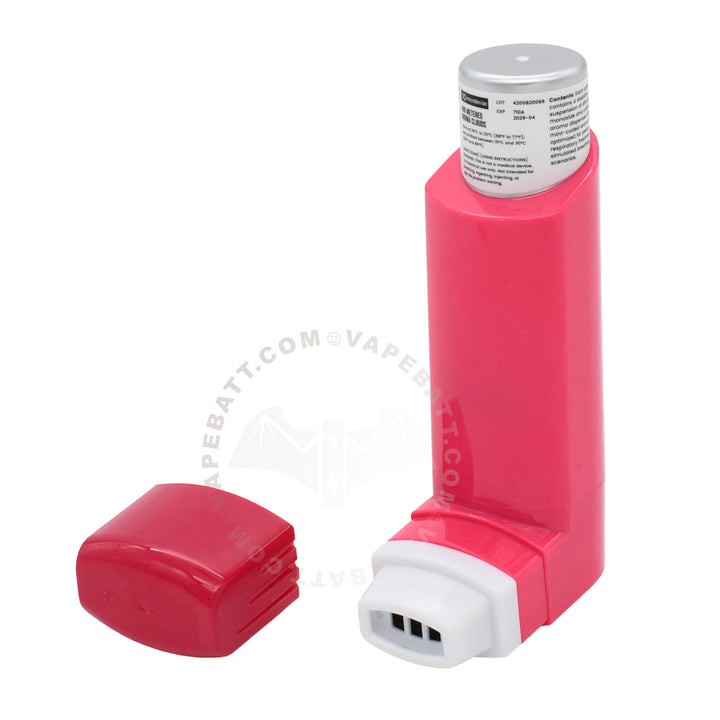 A red and white Smyle Labs Inhaler vape device with its matching red cap removed and placed beside it, set against a plain white background