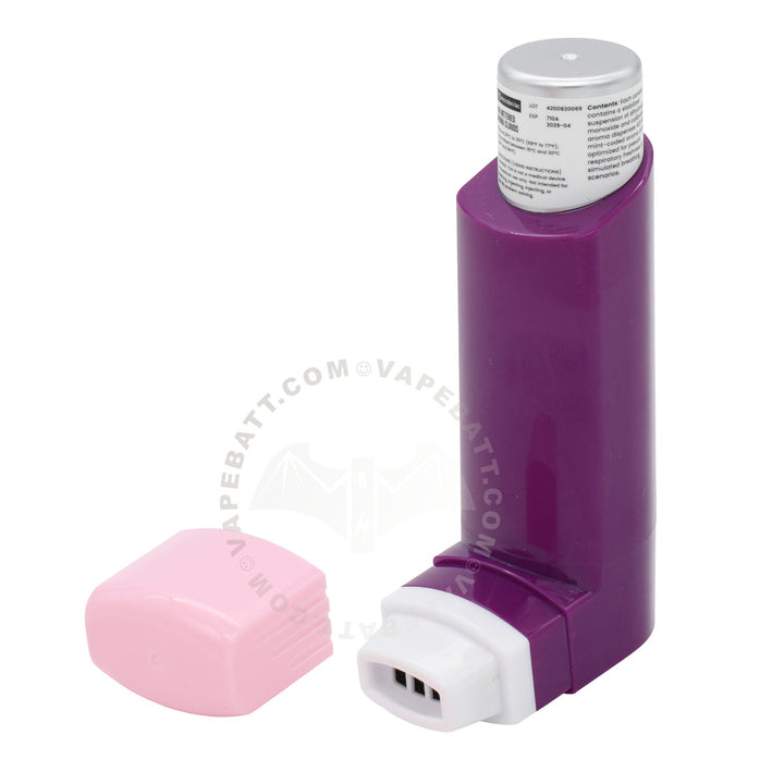 A purple and white inhaler 510 battery with a detached pink mouthpiece cap, shown on a white background
