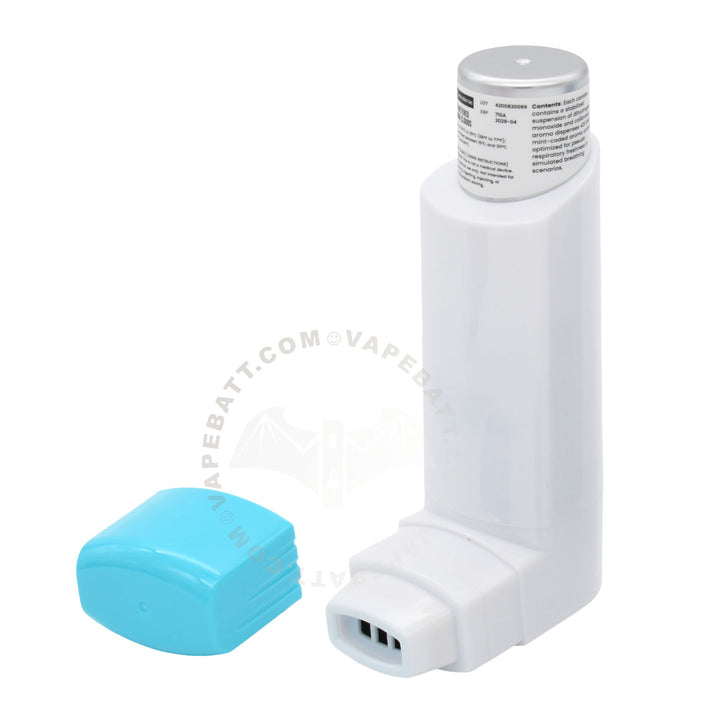 A white inhaler 510 battery device with a silver cap and a separate light blue cover on a white background.