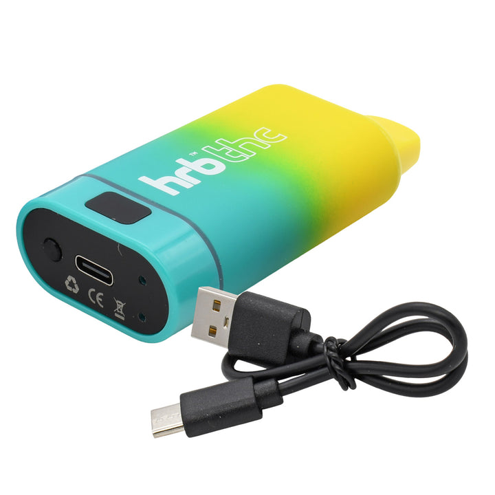 HRB Box Cartridge Battery with green to yellow gradient power bank with USB cable on a white background