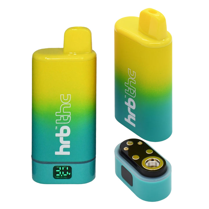 Gradient yellow to blue Box cart battery with 'Hrb THC' branding on a white background