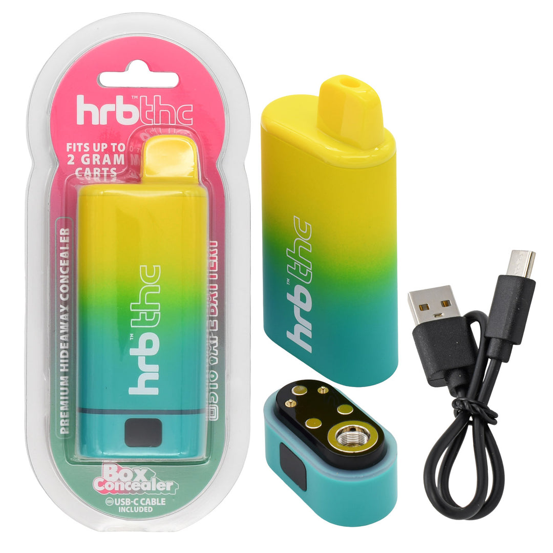 Box Cartridge Battery, gradient yellow to green with 'hrb thc' branding, packaging, and USB cable on a white background. 