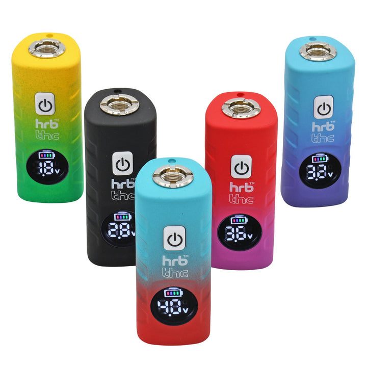 Set of colorful Thc Deltaic 510 Thread Cartridge Batteries with digital displays on a white background