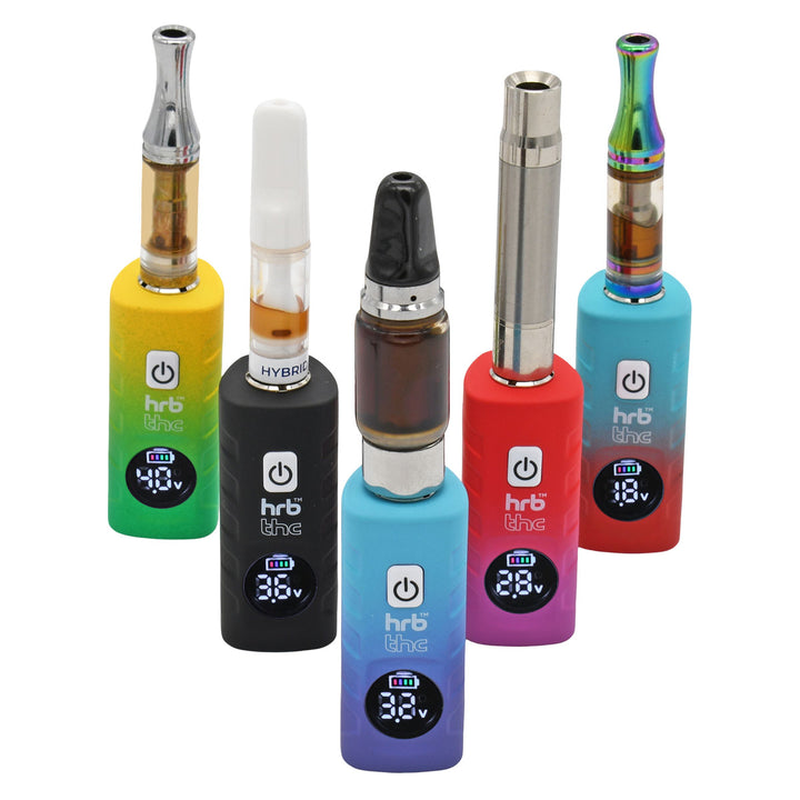 Five colorful THC Deltaic 510 Battery devices with digital displays on a white background