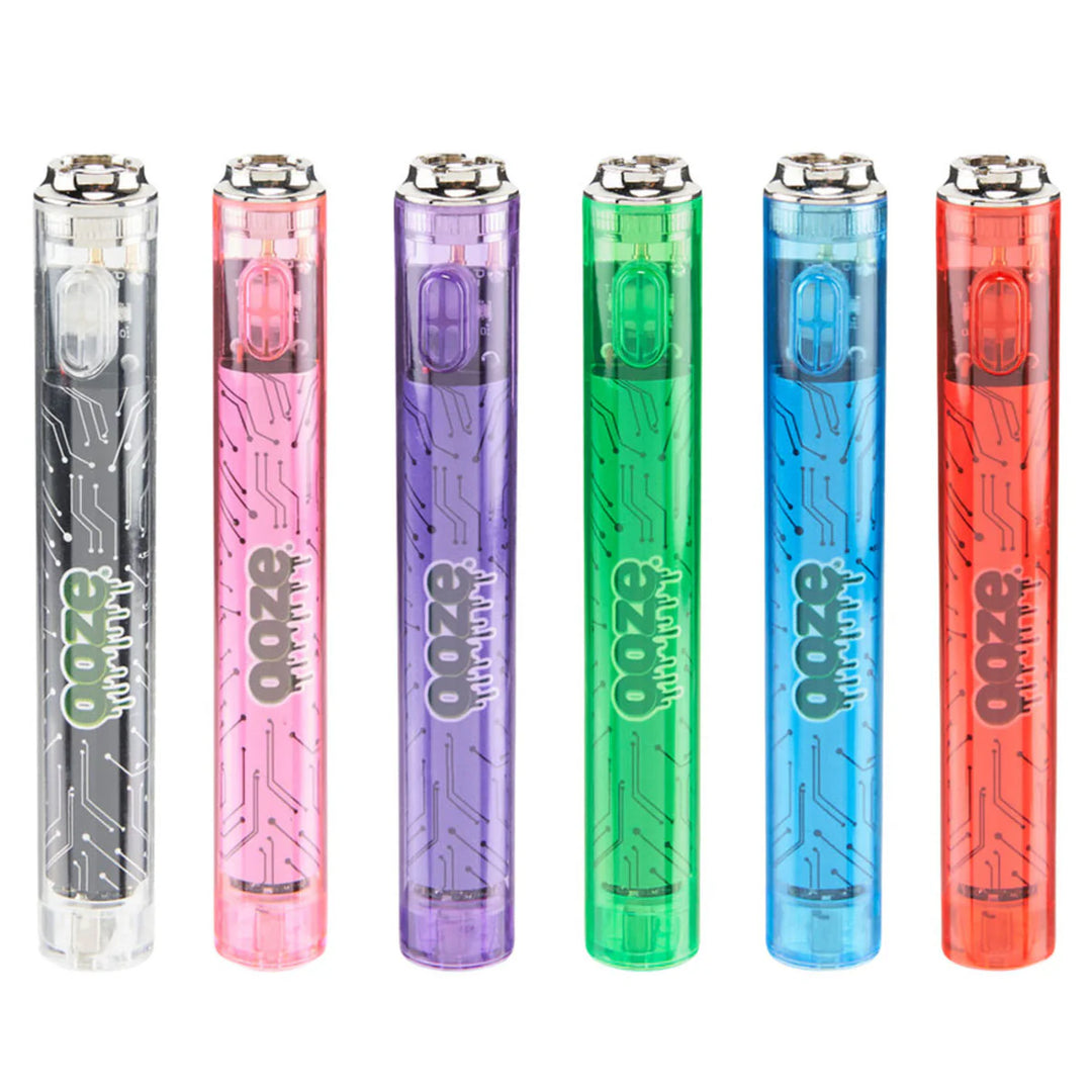 Ooze slim Clear Vape Pen Batteries from left to right: Black, Pink, Purple, Green, Blue, and Red