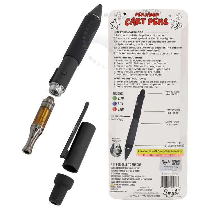 Penjamin Cart Pen Battery - black color, with open cover, mouthpiece and 510 cart cartridge. Shown with back packaging/manual