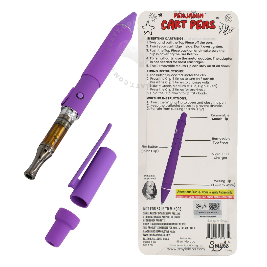 Purple Penjamin Cart Pen, with open cover and 510 cart inserted, and user manual at back of packaging