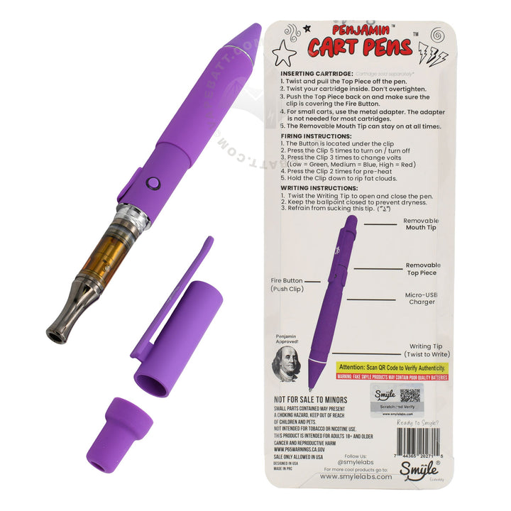 Purple Penjamin Cart Pen, with open cover and 510 cart inserted, and user manual at back of packaging