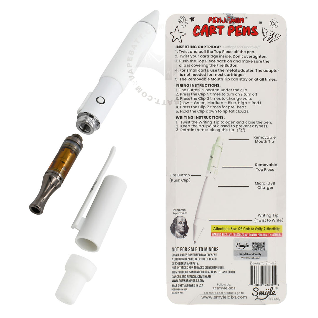 White Penjamin Cart Pen, with open cover and 510 cart inserted, and user manual at back of packaging