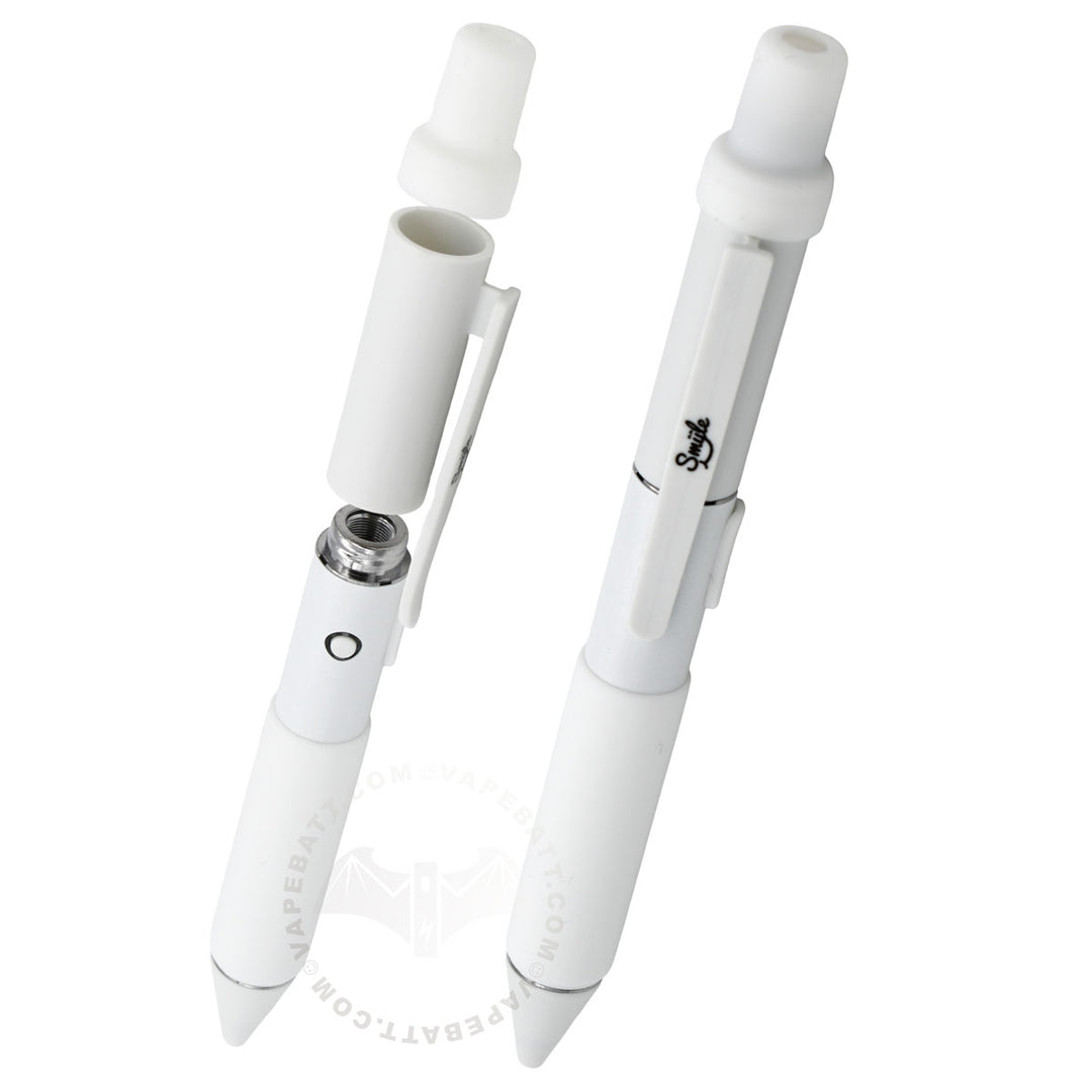 Penjamin Cart Pen, open/disassembled and closed ready to vape - white color option, glowing in ark.