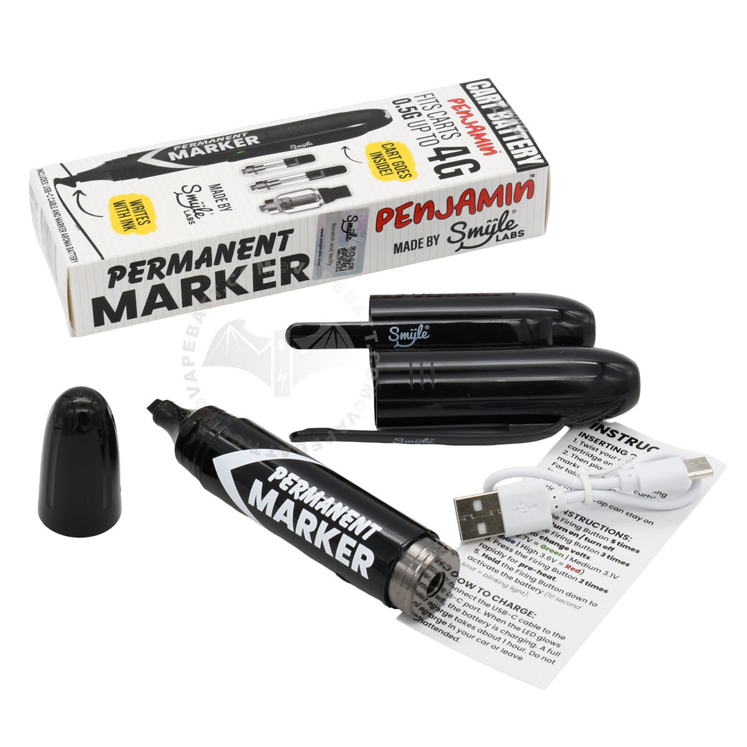 Smyle Labs Black Permanent Marker Penjamin Cart Pen, shown packaging and contains
