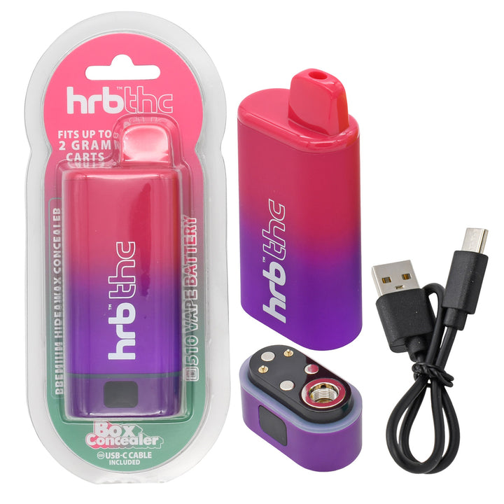Purple and pink hrb THC vape battery with packaging, USB cable, and concentrate container on a white background.