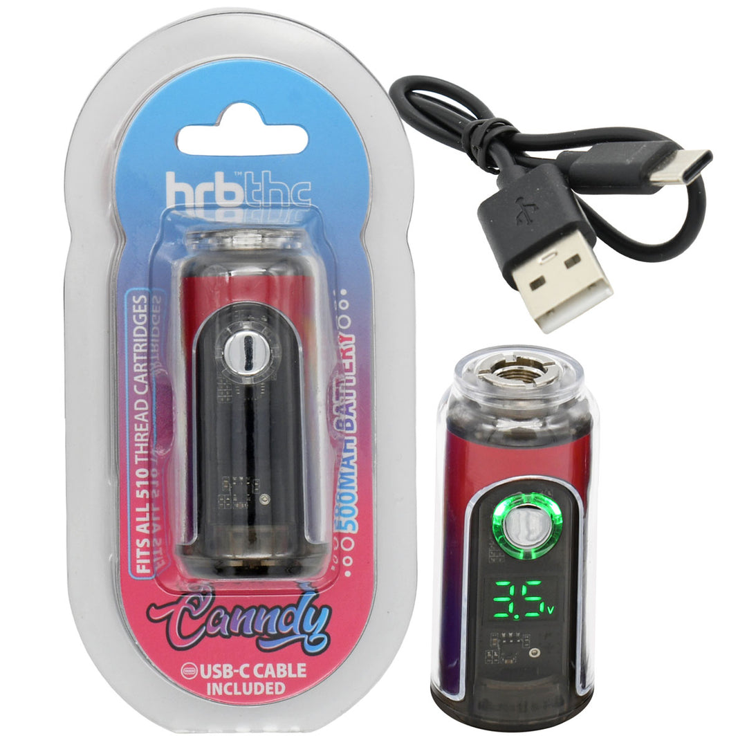 Red-Purple skin, HRB Canndy 510 Battery with digital display and USB cable, next to its packaging labeled 'Candy' by hrb thc.