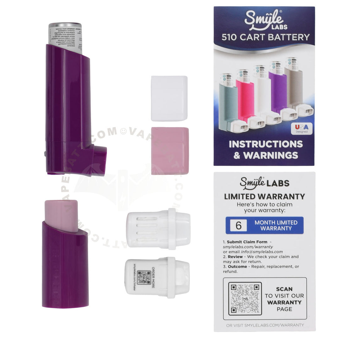 Smile LAB 510 Cart Battery kit showing the purple battery, its cap, white mouthpieces/filters, a pink cap, an instruction sheet, and a warranty card on a white background.