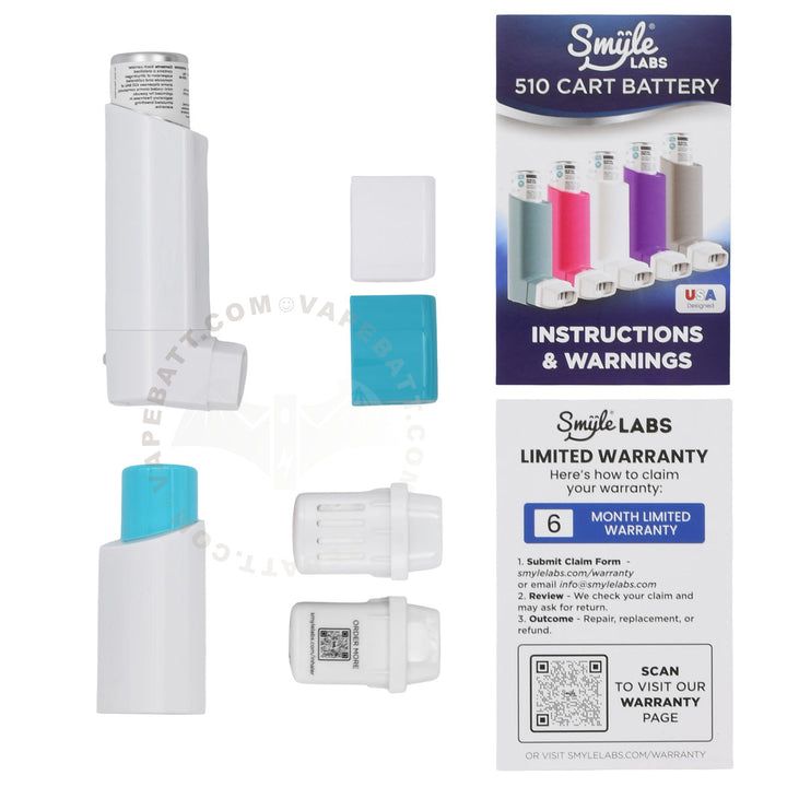 Smile Labs 510 Cart Battery kit showing the white Penjamin Inhaler device with a turquoise mouthpiece cover, replacement filters, mouthpiece cap, and packaging box with instructions and warranty information.
