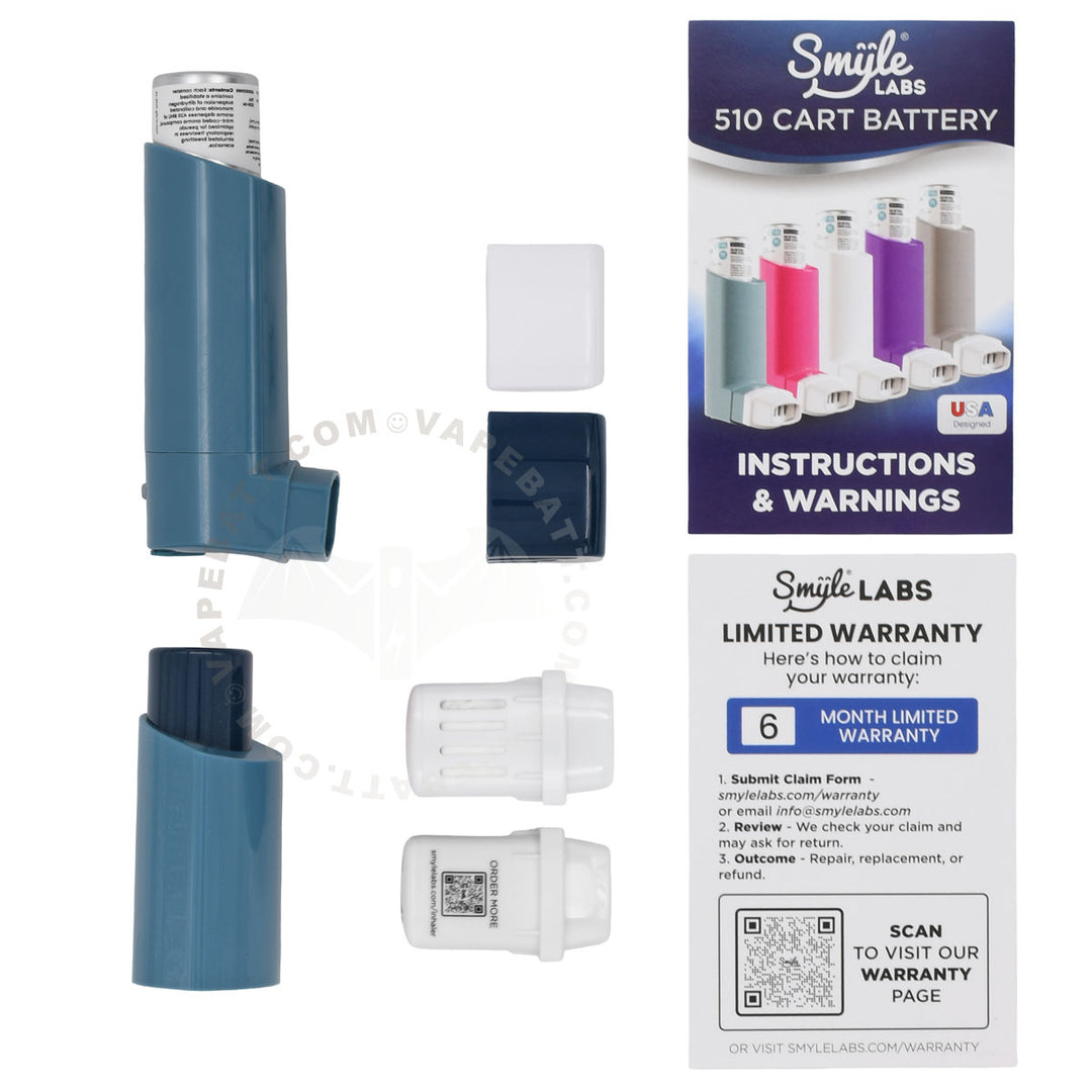 Smile Labs Inhaler 510 Cart Battery kit showing the blue and silver inhaler-like device, a dark blue cap, white plastic mouthpieces, and the product packaging box with instructions and warranty information.