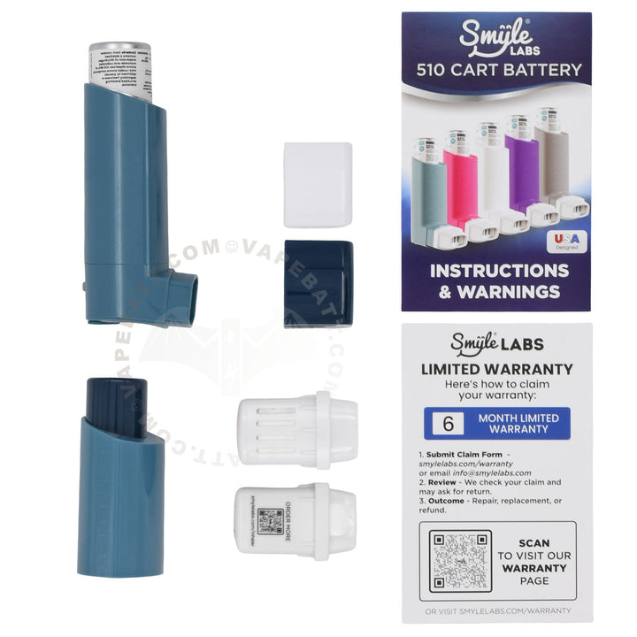 Smile Labs Inhaler 510 Cart Battery kit showing the blue and silver inhaler-like device, a dark blue cap, white plastic mouthpieces, and the product packaging box with instructions and warranty information.