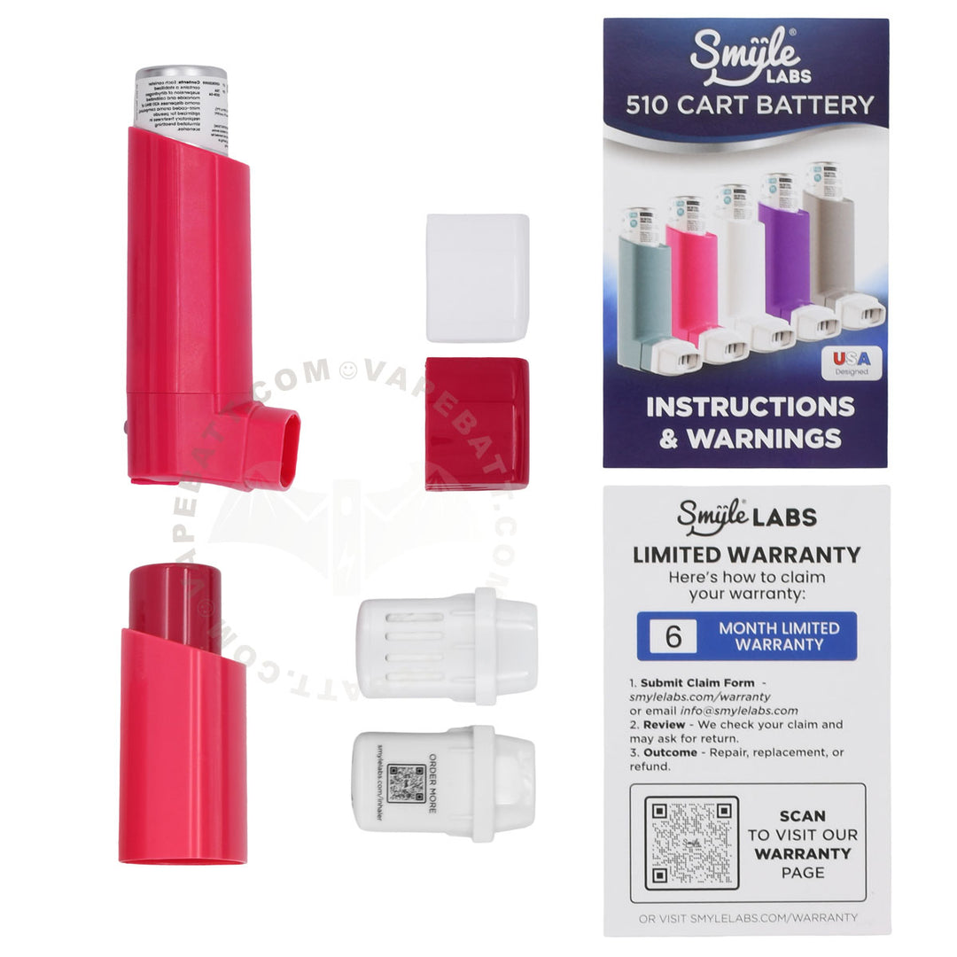 Smile Labs 510 Cart Battery kit showing a red and silver cart battery, white plastic mouthpieces, an instruction sheet, and a white and blue caps.
