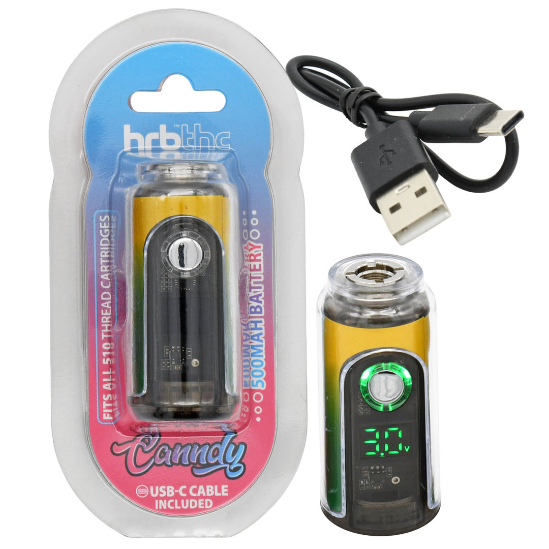 Yellow-Green HRB Canndy 510 Battery with packaging and USB cable on a white background