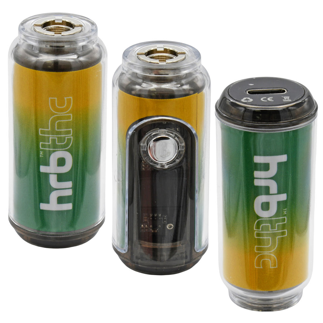 Three HRB THC vape batteries with gradient green to orange design on a white background.