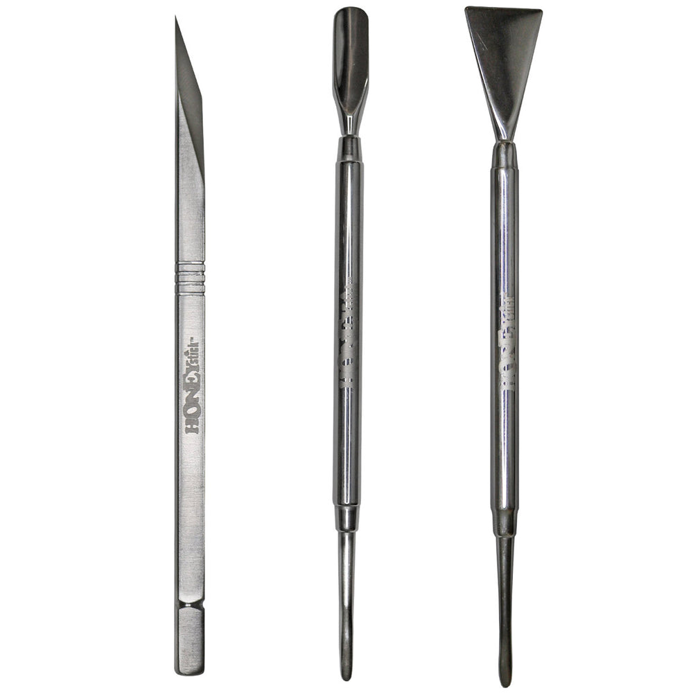 Dab Kit: Double-Edged Cutting Scalpel, Dab Tool Curved Shovel, and flat wide Shovel.