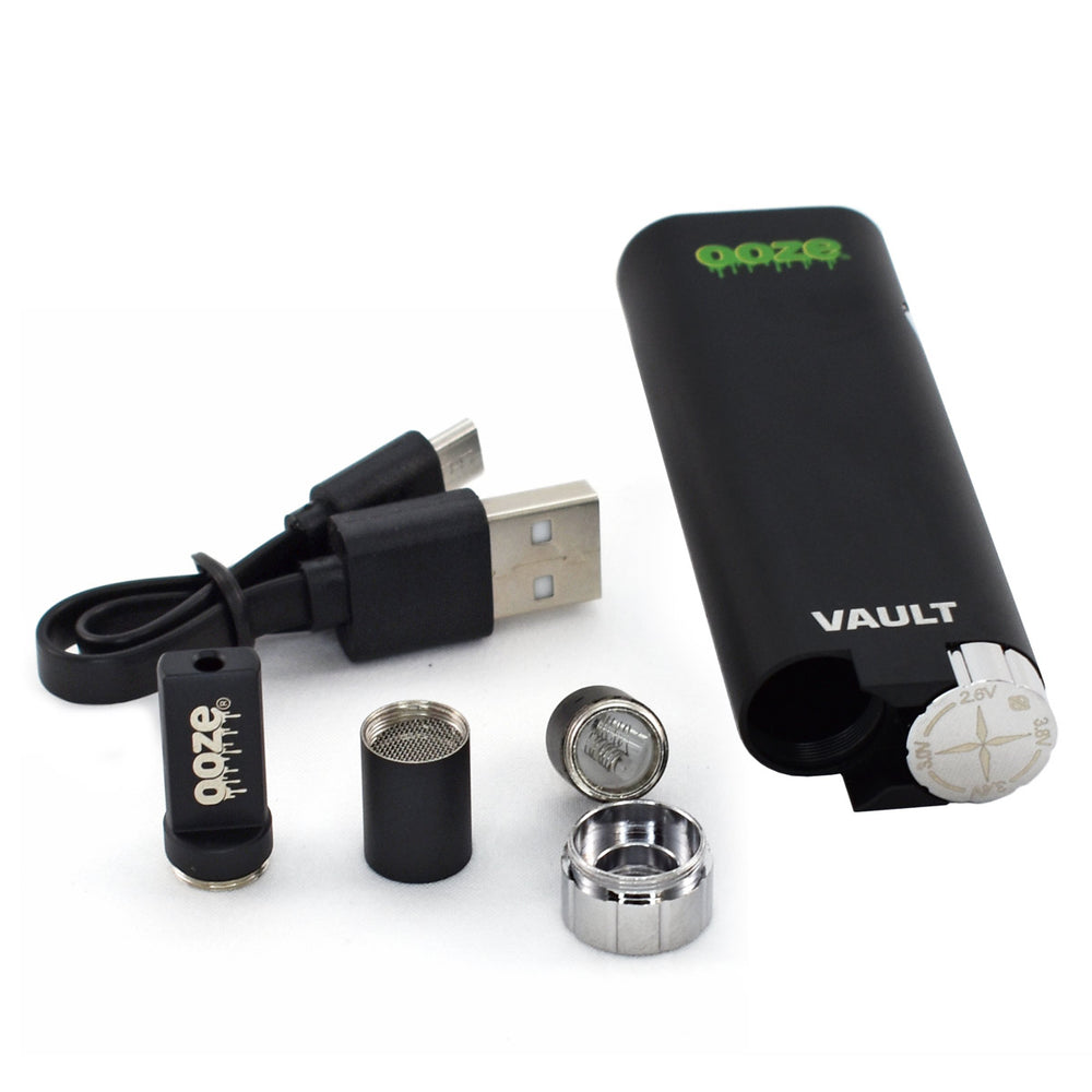 Ooze Vault wax pen kit contains: dab pen battery, slim 510 wax atomizer, USB charging cable