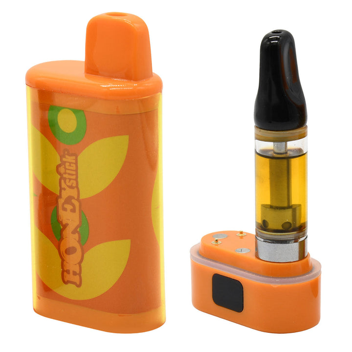 Orange Box Cartridge Vape Concealer - Open showing mouthpiece cover and vape battery base with mounted 2gr 510 cartridge 