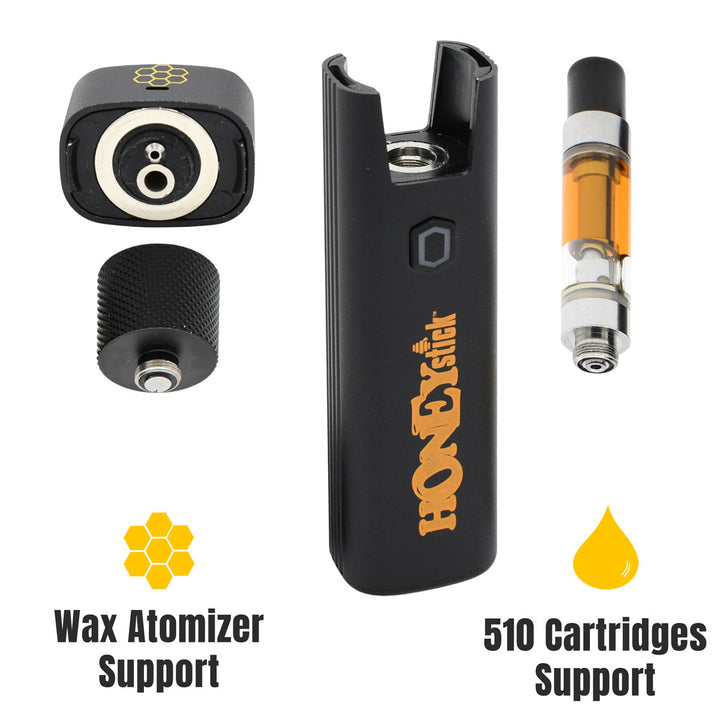 Plasma Dab Battery showing 510 thread port, 510 wax atomizer and mouthpiece, prefilled 510 Cart - both supported by Plasma wax pen