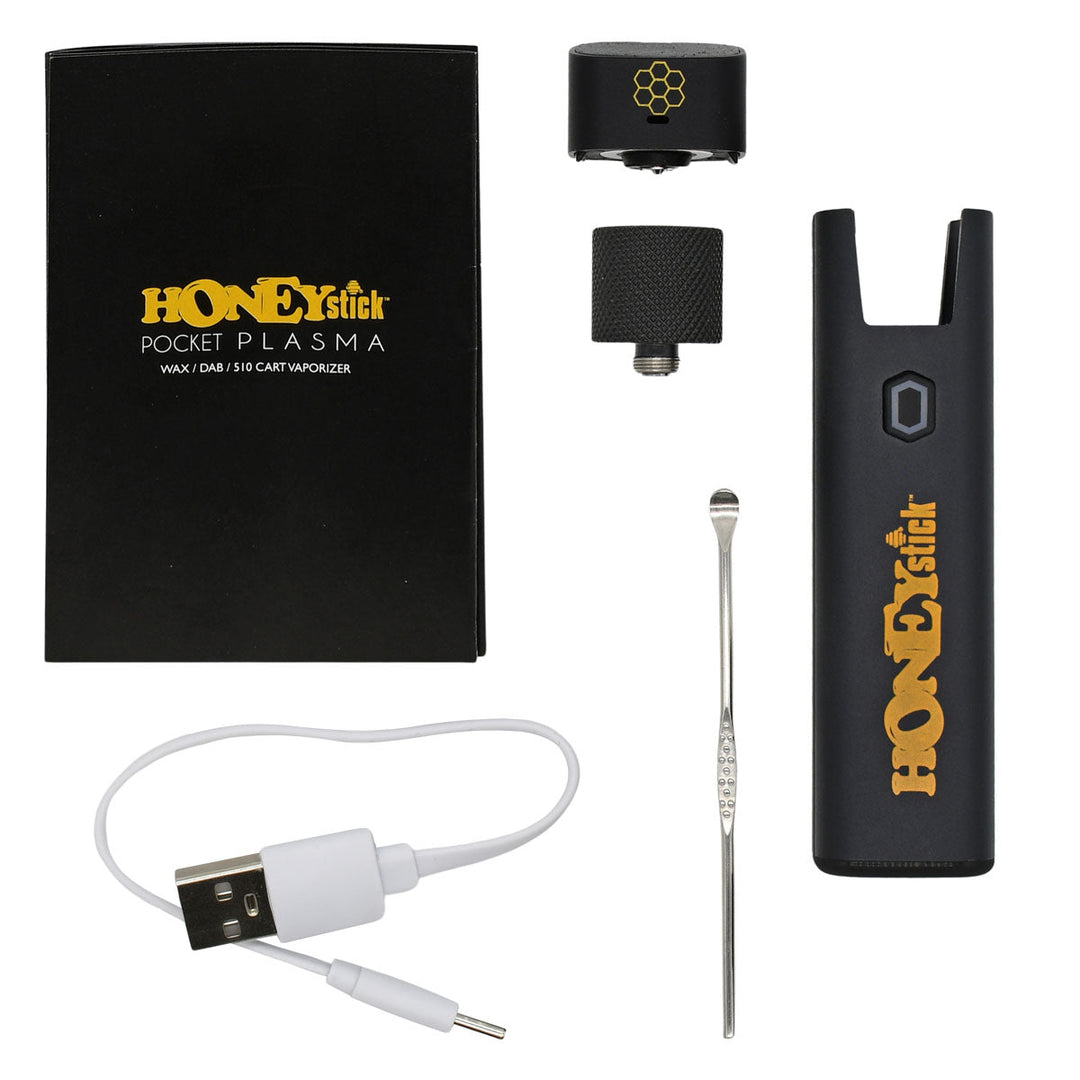 Pocket Plasma Dab Pen Kit Elements: mouthpiece, 510 wax atomizer, dab pen battery, USB-C charging cable, dab tool and manual